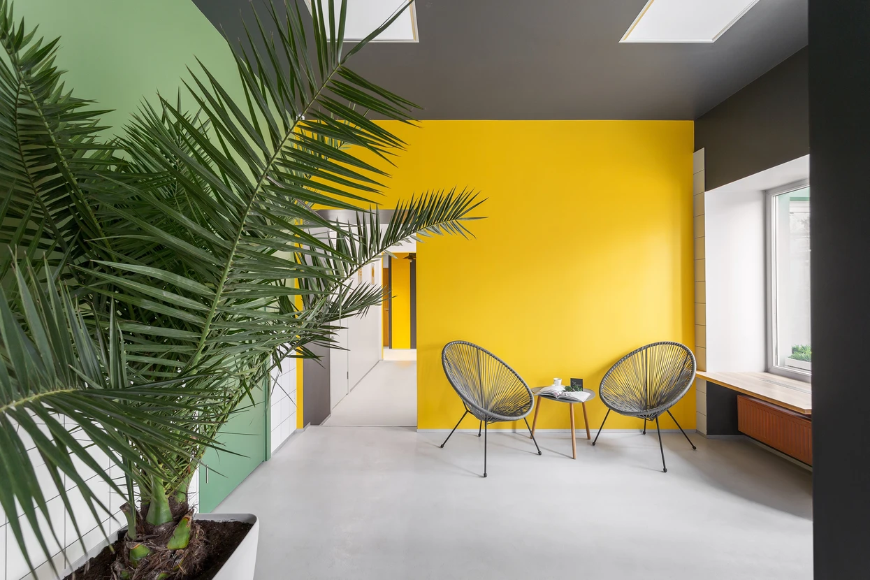 Espace intérieur moderne avec mur jaune vif, deux fauteuils Acapulco en cordage tressé noir sur structure métallique, table d'appoint ronde