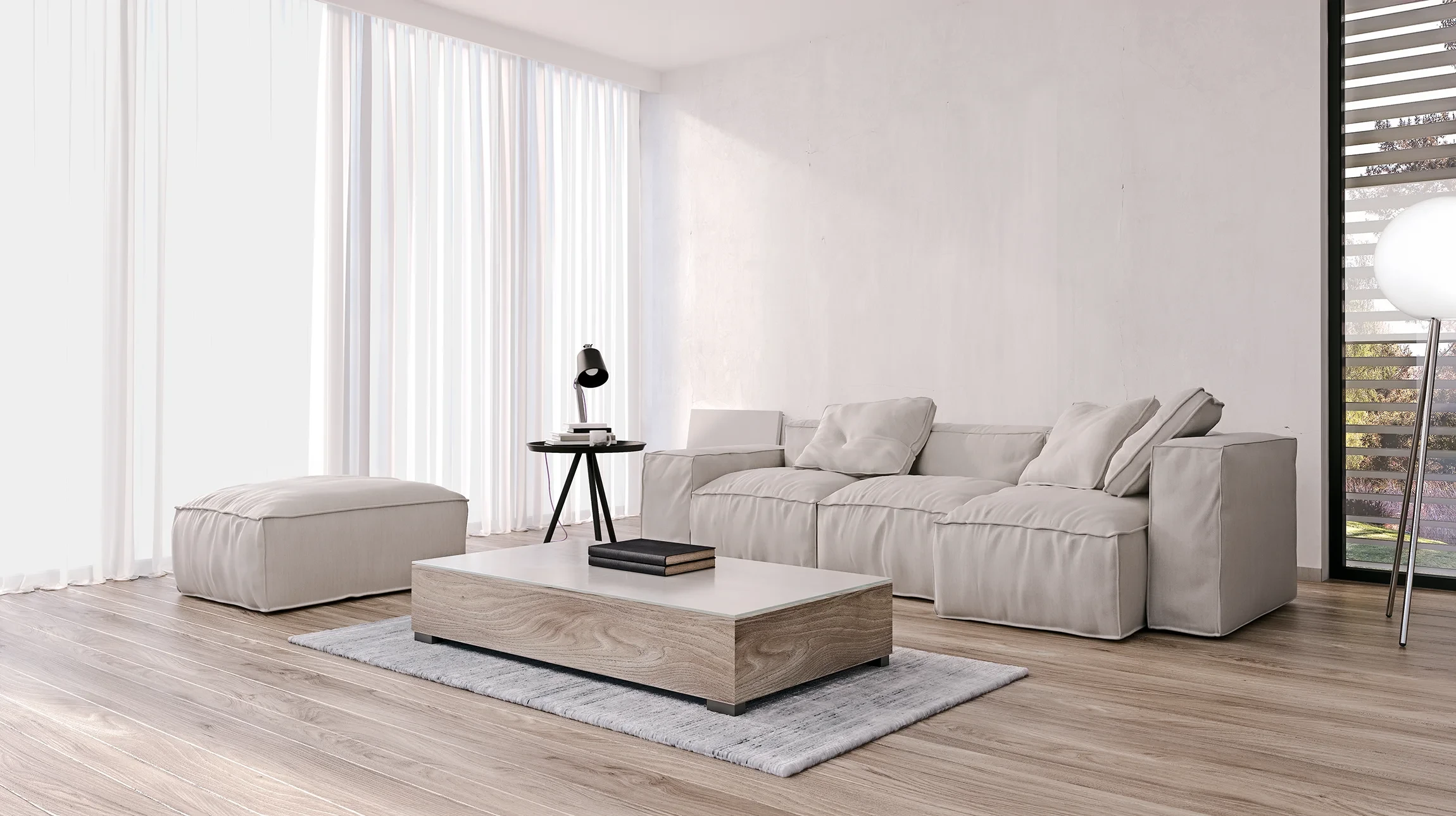 Tablier de cuisine en lin beige disposé à plat sur surface marbrée blanche